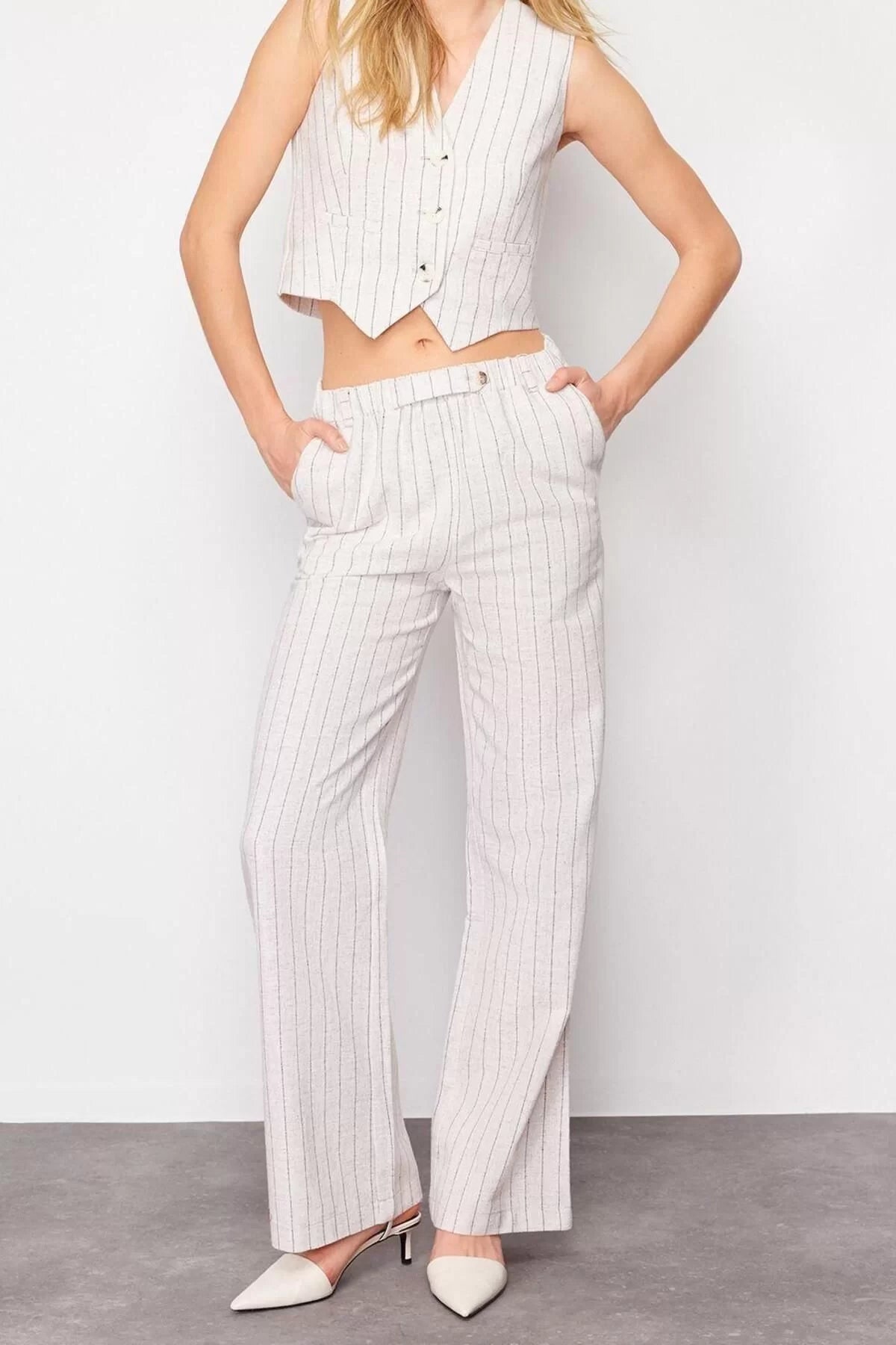 Women's Fashion Straight Leg Regular Length Woven Striped Elastic Waist Pocket Straight Cut Cotton Linen Trousers