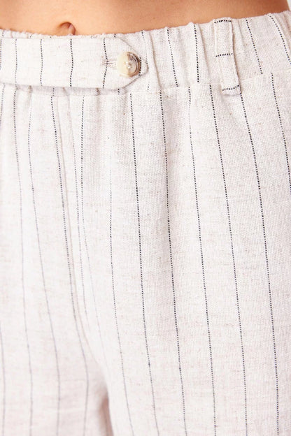 Women's Fashion Straight Leg Regular Length Woven Striped Elastic Waist Pocket Straight Cut Cotton Linen Trousers