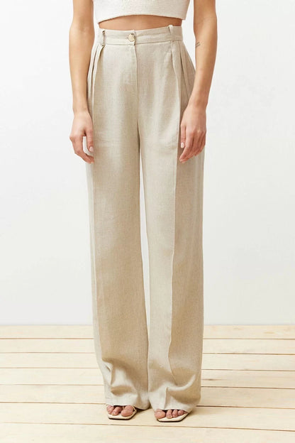 Women's New Fashion Wide Leg Regular Length Woven Ribbed Wide Leg Wide Leg Cotton Linen Trousers