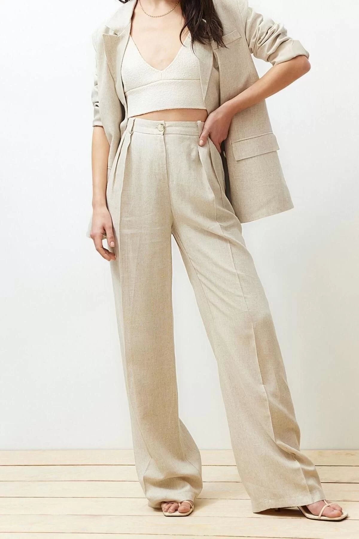 Women's New Fashion Wide Leg Regular Length Woven Ribbed Wide Leg Wide Leg Cotton Linen Trousers