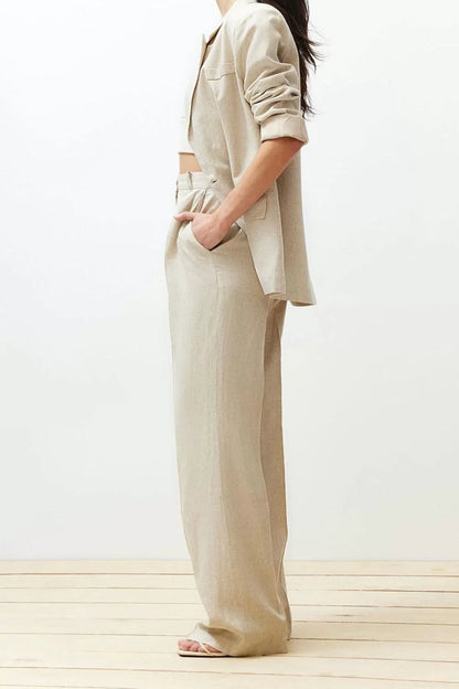 Women's New Fashion Wide Leg Regular Length Woven Ribbed Wide Leg Wide Leg Cotton Linen Trousers