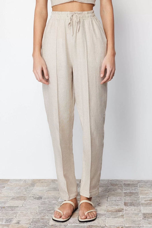 Women's New Fashion Straight Cut Cotton Linen Trousers with Elastic Waistband Regular Length Woven Leg