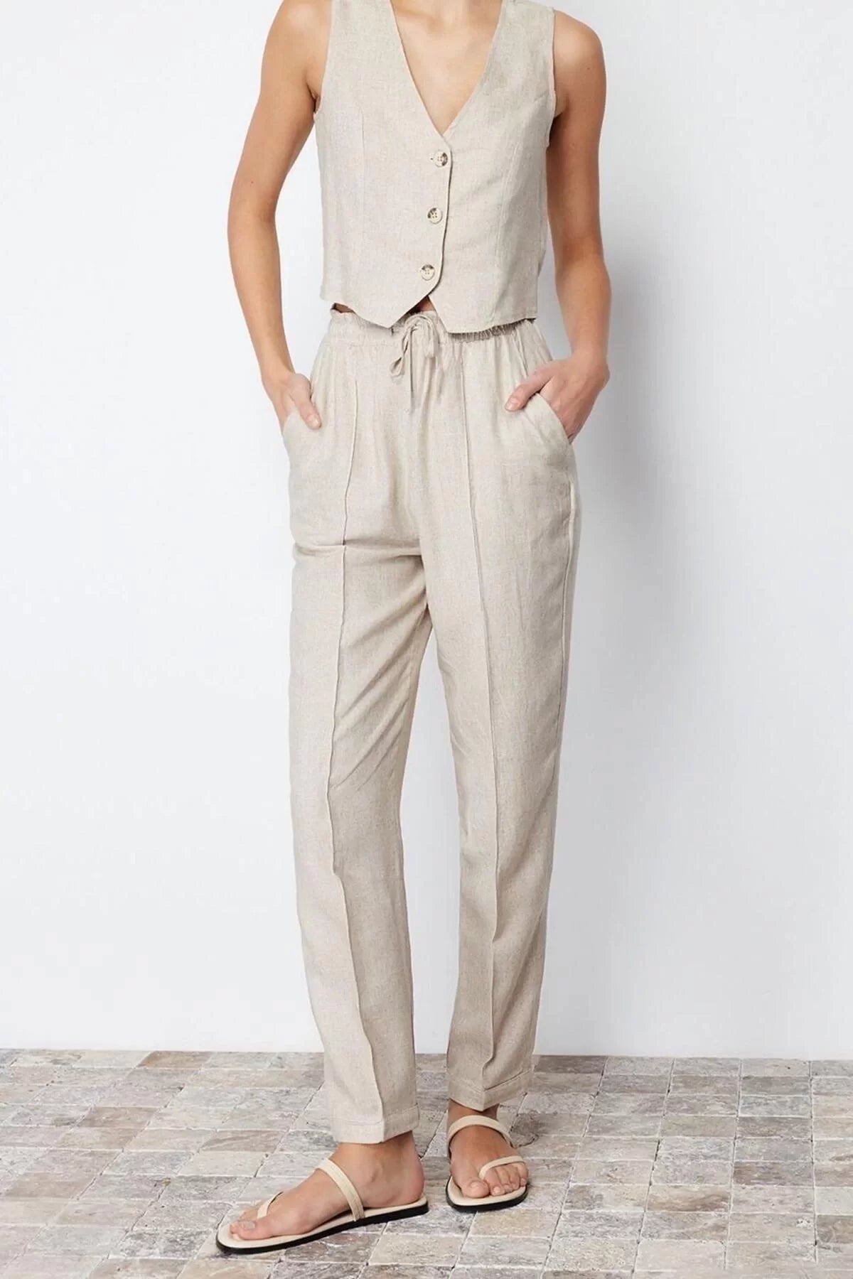 Women's New Fashion Straight Cut Cotton Linen Trousers with Elastic Waistband Regular Length Woven Leg