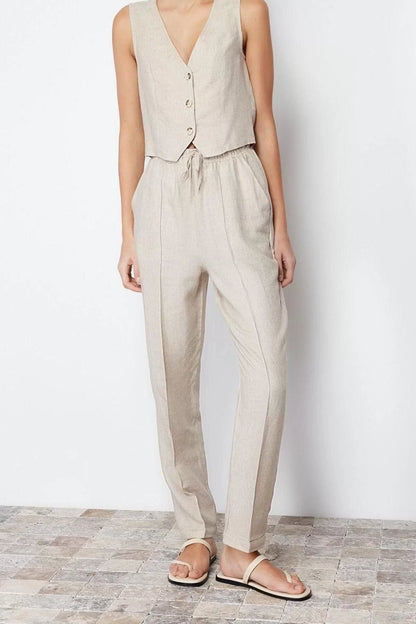 Women's New Fashion Straight Cut Cotton Linen Trousers with Elastic Waistband Regular Length Woven Leg