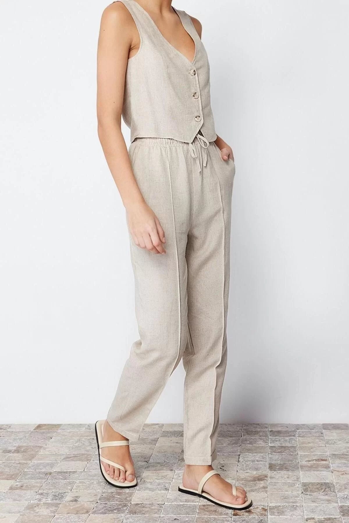 Women's New Fashion Straight Cut Cotton Linen Trousers with Elastic Waistband Regular Length Woven Leg