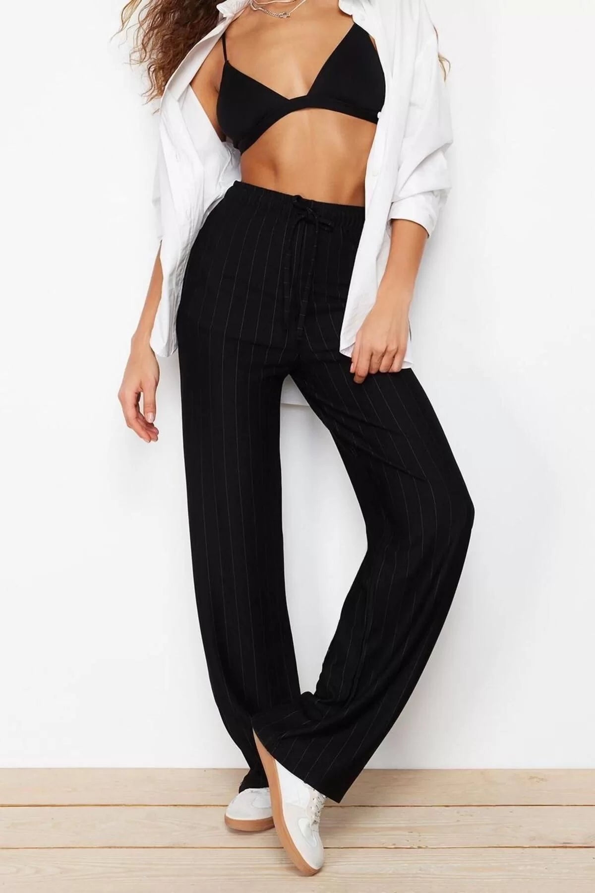 Women's New Fashion Straight Leg Regular Length Knitted Thick Striped Straight Cut Flexible Trousers