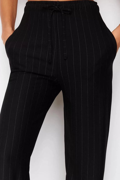 Women's New Fashion Straight Leg Regular Length Knitted Thick Striped Straight Cut Flexible Trousers