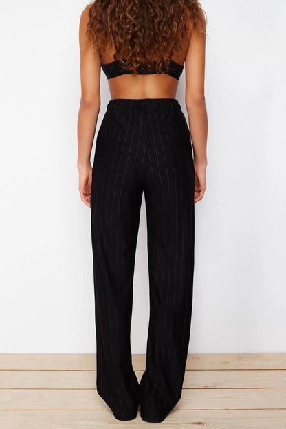 Women's New Fashion Straight Leg Regular Length Knitted Thick Striped Straight Cut Flexible Trousers