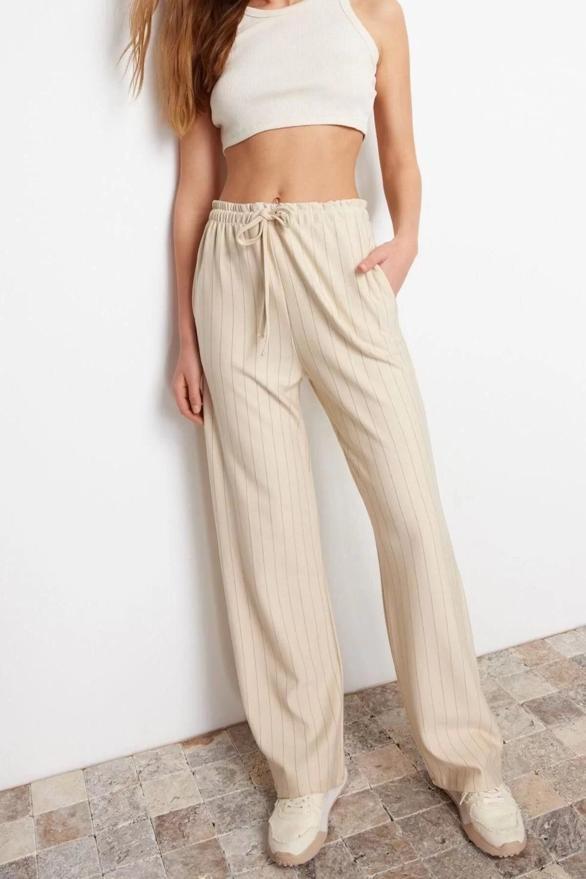 Women's New Fashion Straight Leg Regular Length Knitted Thick Striped Straight Cut Flexible Trousers