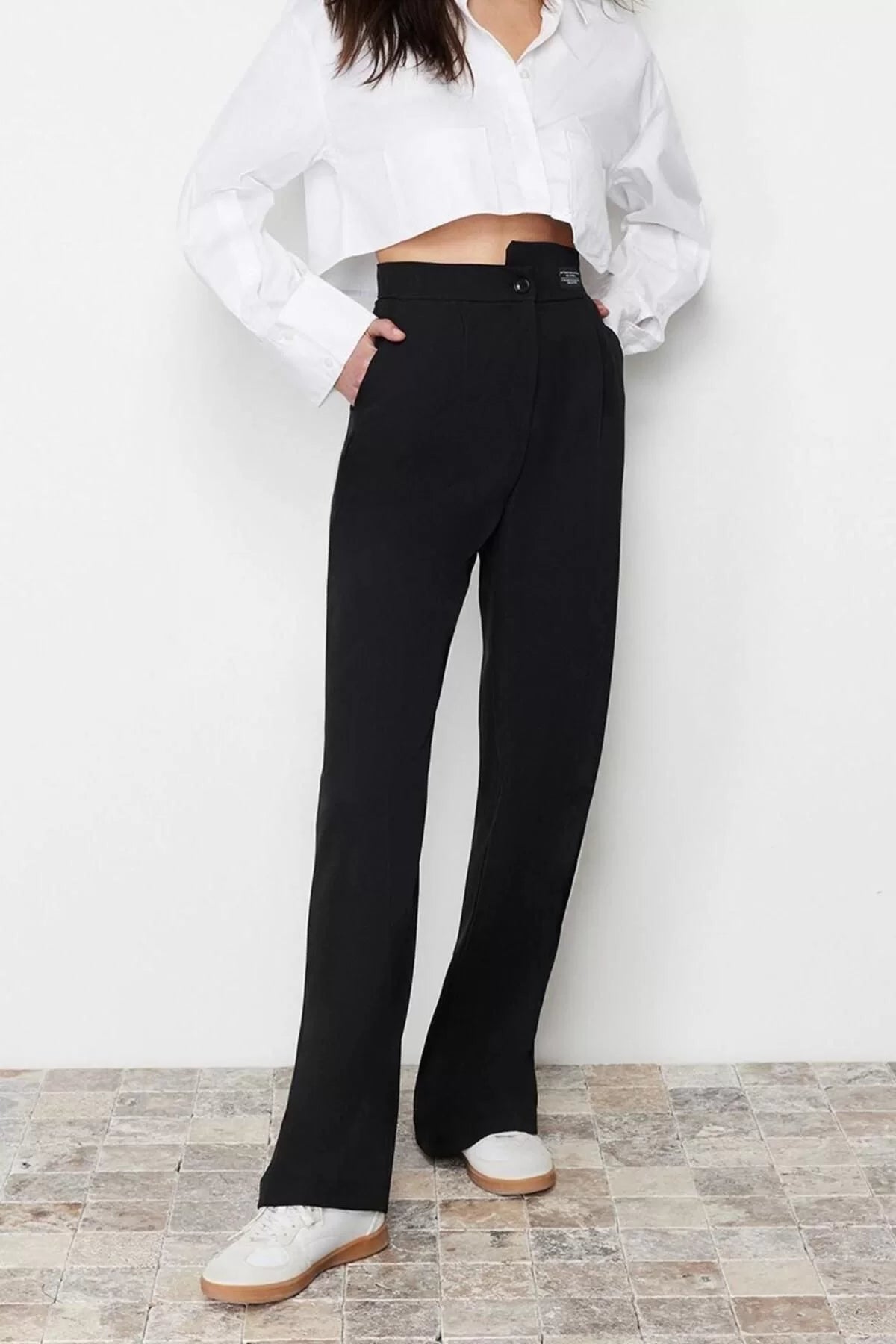 Women's New Fashion Wide Leg Long Length Woven Wide Leg Wide Leg Label Detailed Trousers