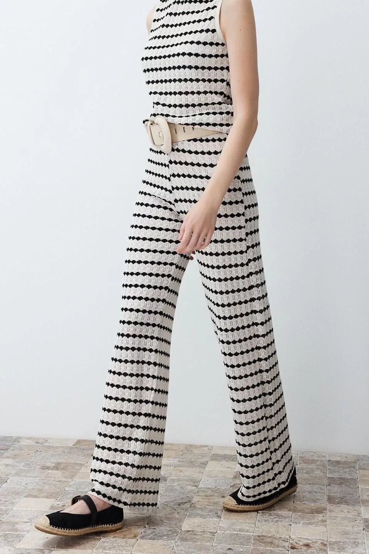 Women's New Fashion Straight Leg Long Length Knitted Knitwear Look Striped Straight Cut Trousers