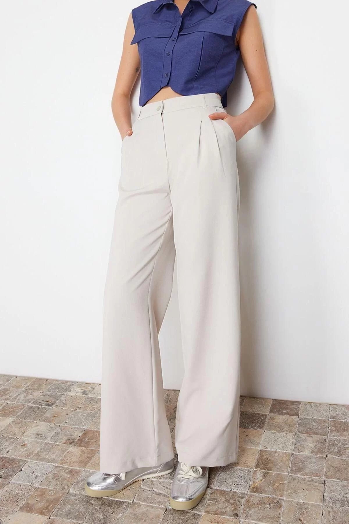 Women's New Fashion Wide Leg Long Length Woven High Waist Wide Leg Pleated Wide Leg Pants