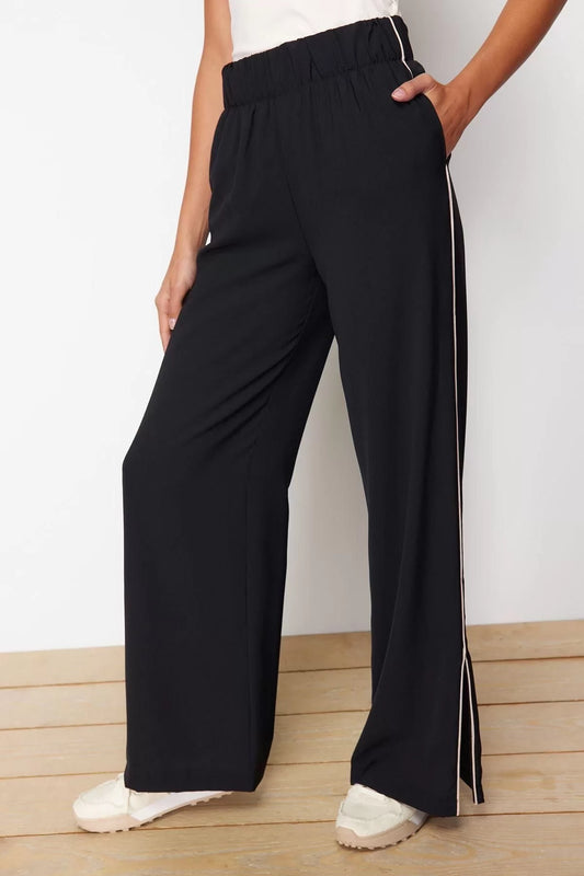 Women's Fashion Wide Leg Regular Length Woven Piping Wide Leg Zipper Detail Tracksuit Trousers