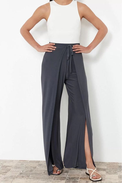 Women's New Fashion Wide Leg Long Length Knitted Tie Detailed Slit Flexible Trousers