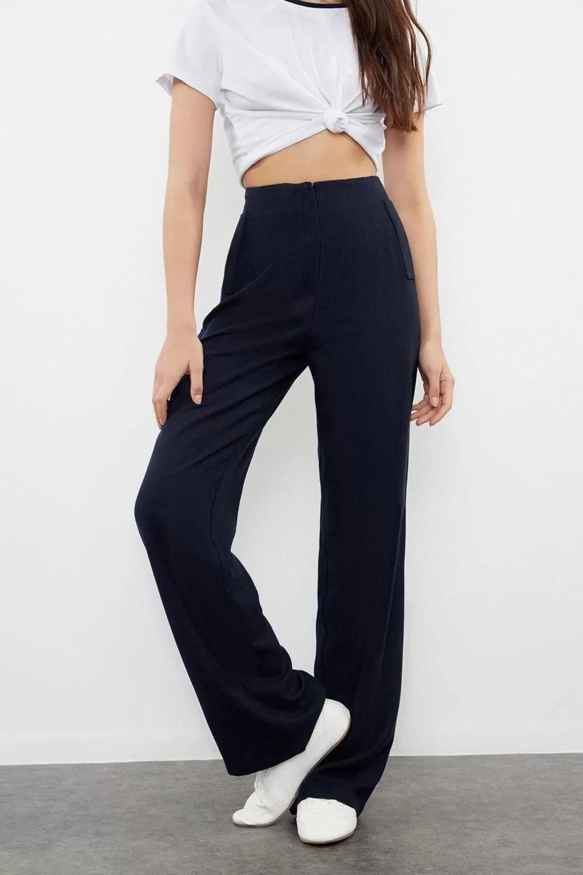 Women's New Fashion Wide Leg Regular Length Woven Linen Look Wide Leg Wide Leg High Waist Trousers