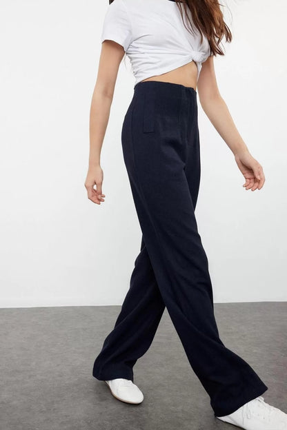 Women's New Fashion Wide Leg Regular Length Woven Linen Look Wide Leg Wide Leg High Waist Trousers