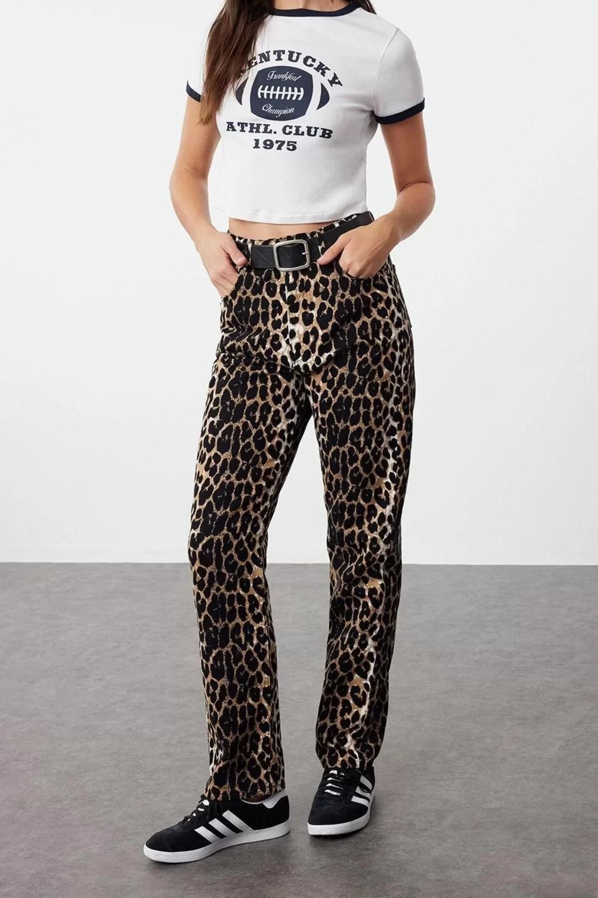 Women's New Fashion Wide Leg Regular Length Woven Leopard Patterned Straight Cut Trousers