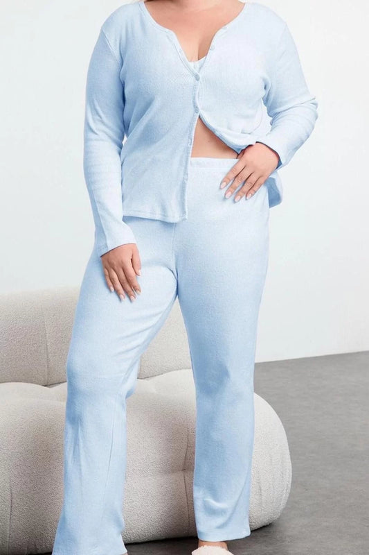 Women Fashion Stylish Plus Size V Neck Tube Leg Long Sleeve Brushed Soft Ribbed Cardigan Knitted Pajama Set