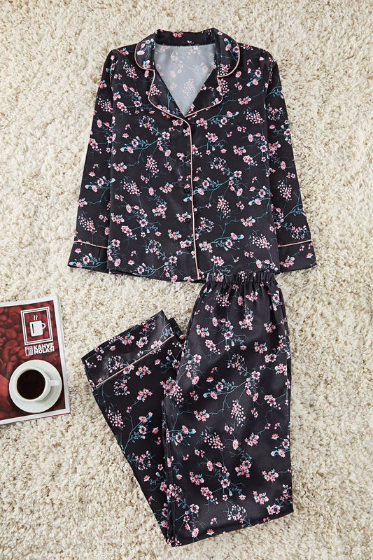 Women Fashion Stylish Shirt Collar Tube Leg Long Sleeve Floral Piping Satin Woven Pajama Set