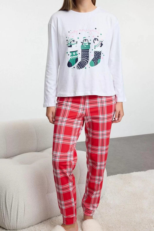 Women's Fashion Crew Neck Tube Leg Long Sleeve 100% Cotton New Year Themed Plaid Knitted Pajama Set