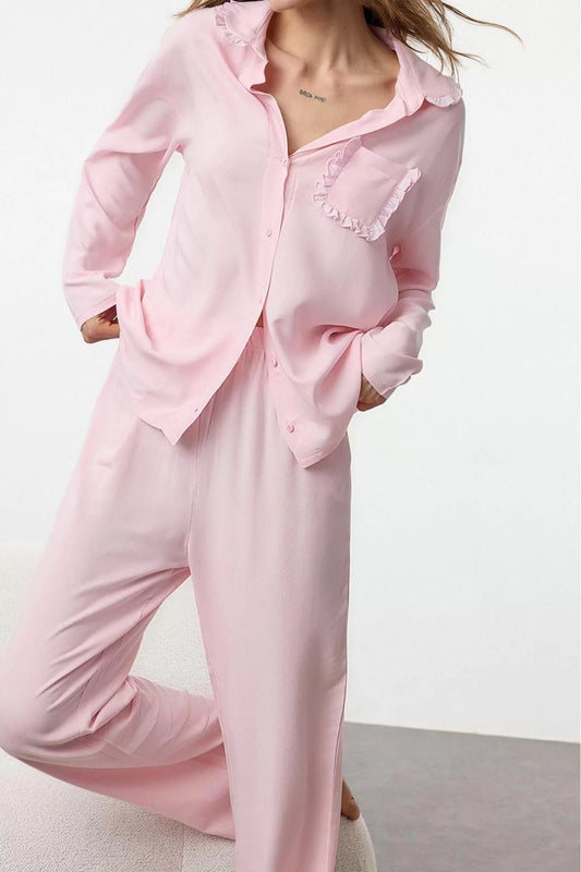 Women's Fashion Stylish Shirt Collar Tube Leg Long Sleeve Ruffle Pocket Detail Viscose Woven Pajama Set