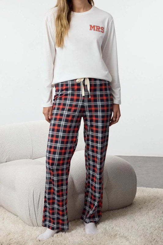 Women's Fashion Stylish Crew Neck Long Sleeve Plaid Knitted Pajama Set for Women 100% Cotton