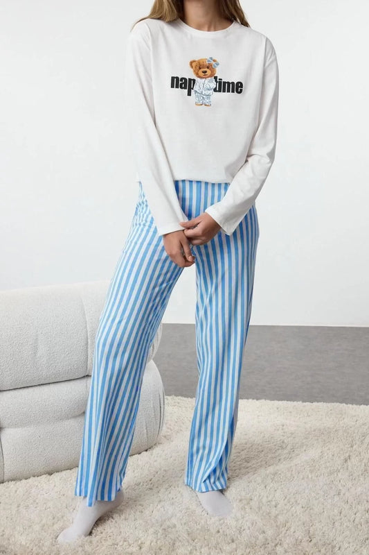 Women's Fashion Crew Neck Long Sleeve Striped Teddy Bear Knitted Pajama Set