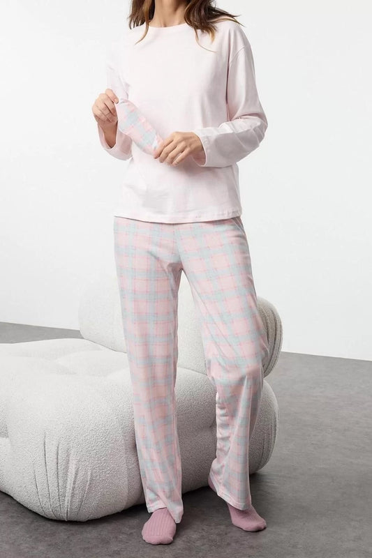 Women Fashion Stylish Crew Neck Tube Leg Long Sleeve Cotton Plaid Sleep Band Knitted Pajama Set