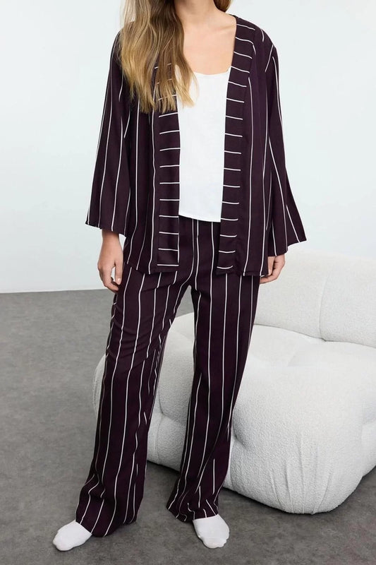 Women Fashion Stylish Shawl Collar Wide Leg Long Sleeve Dark 3-Piece Pack Striped Viscose Woven Pajama Set