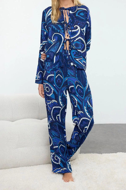 Women's Fashion Stylish V Neck Wide Leg Long Sleeve Ethnic Patterned Tie Ribbon Woven Pajama Set