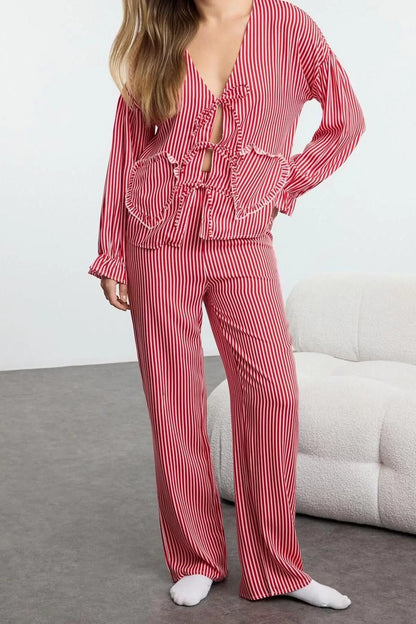 Women's Fashion V Neck Wide Leg Long Sleeve Red Striped Ribbon Bow Tie Detailed Pajama Set