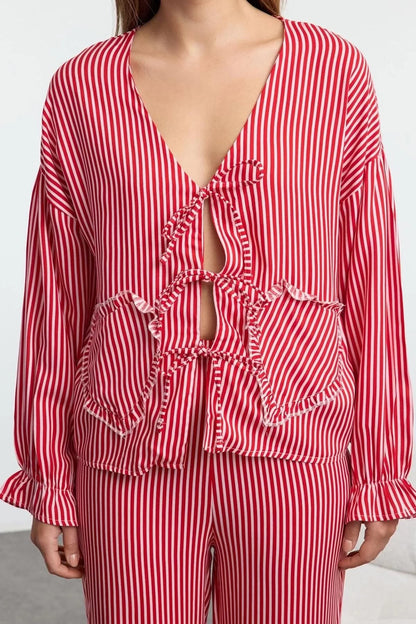 Women's Fashion V Neck Wide Leg Long Sleeve Red Striped Ribbon Bow Tie Detailed Pajama Set