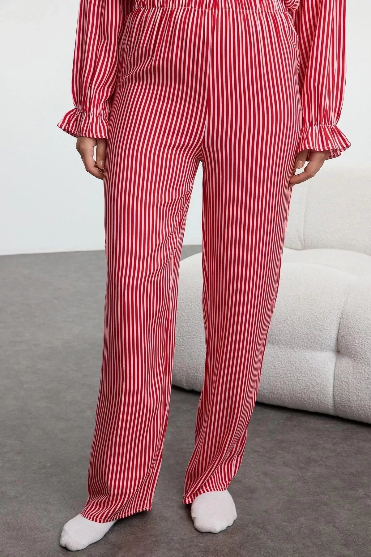 Women's Fashion V Neck Wide Leg Long Sleeve Red Striped Ribbon Bow Tie Detailed Pajama Set