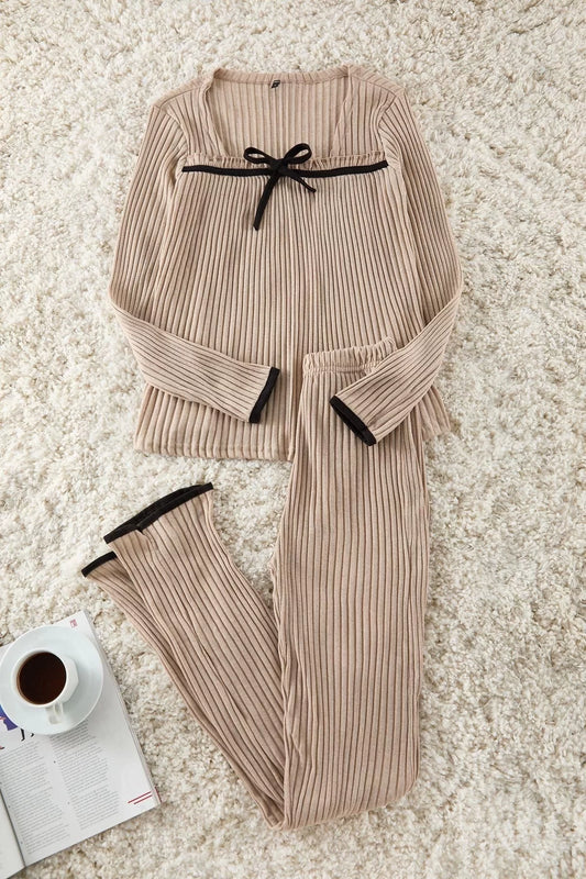 Women Fashion Stylish Square Neck Tube Leg Long Sleeve Ruffle Ribbon Bow Ribbed Knitted Pajama Set