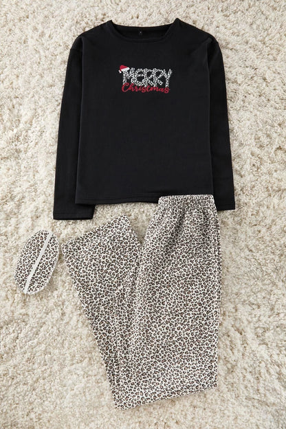 Women's Long Sleeve Cotton Leopard Patterned Heart Shaped Inner Polar Fleece Sleep Band Pajama Set