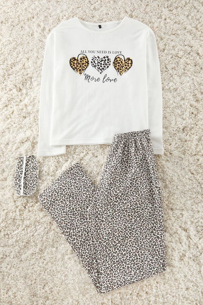 Women's Long Sleeve Cotton Leopard Patterned Heart Shaped Inner Polar Fleece Sleep Band Pajama Set