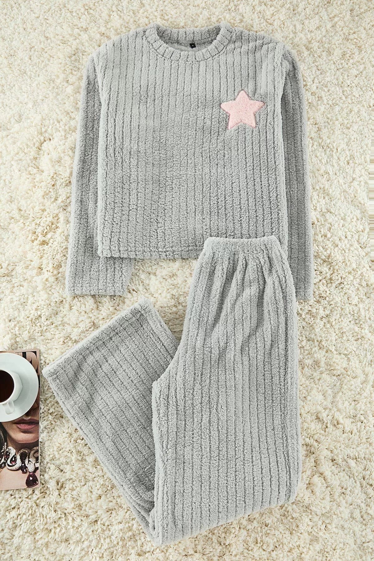 Women's Crew Neck Long Sleeve Star Embroidered Striped Winter Wellsoft Knitted Pajama Set