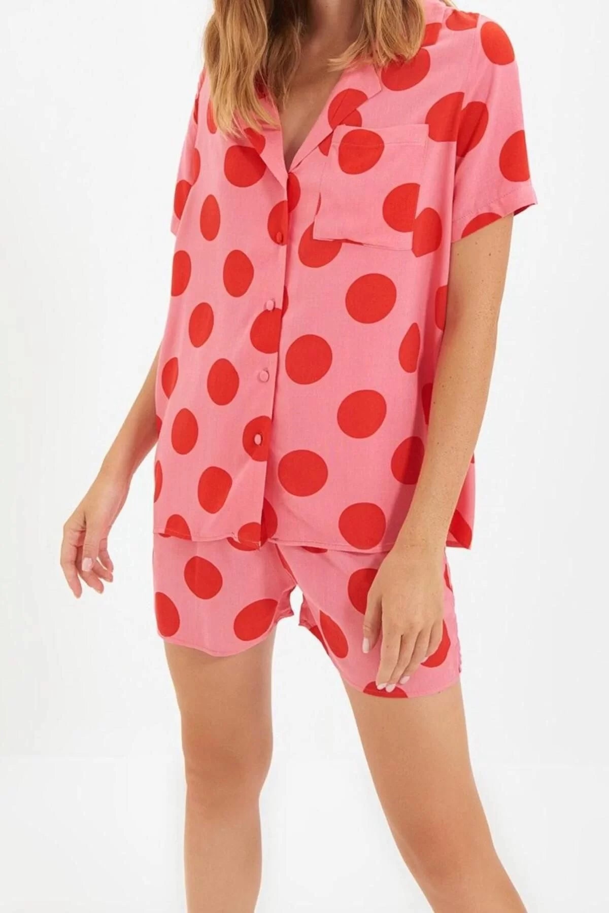 Women Fashion Stylish Shirt Collar Tube Leg Short Sleeve Polka Dot Viscose Woven Pajama Set