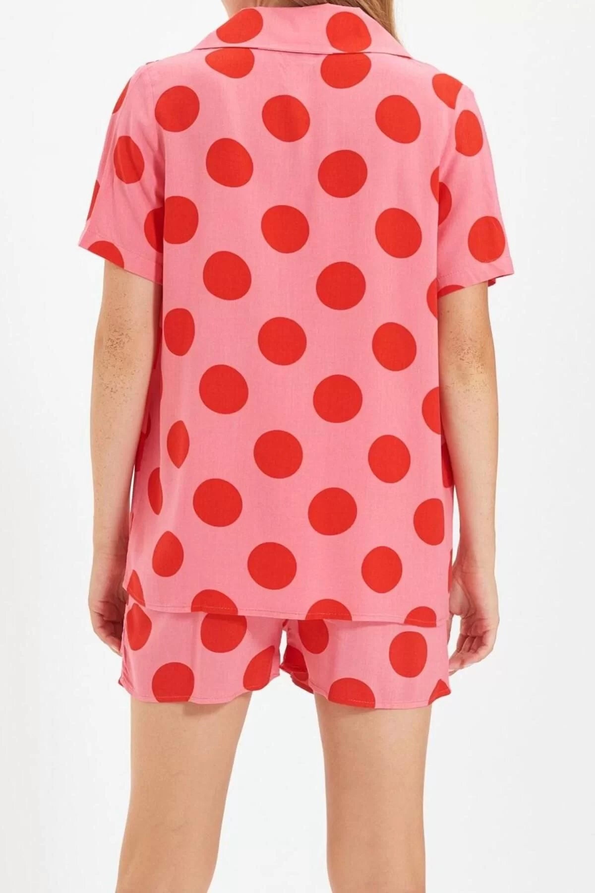 Women Fashion Stylish Shirt Collar Tube Leg Short Sleeve Polka Dot Viscose Woven Pajama Set