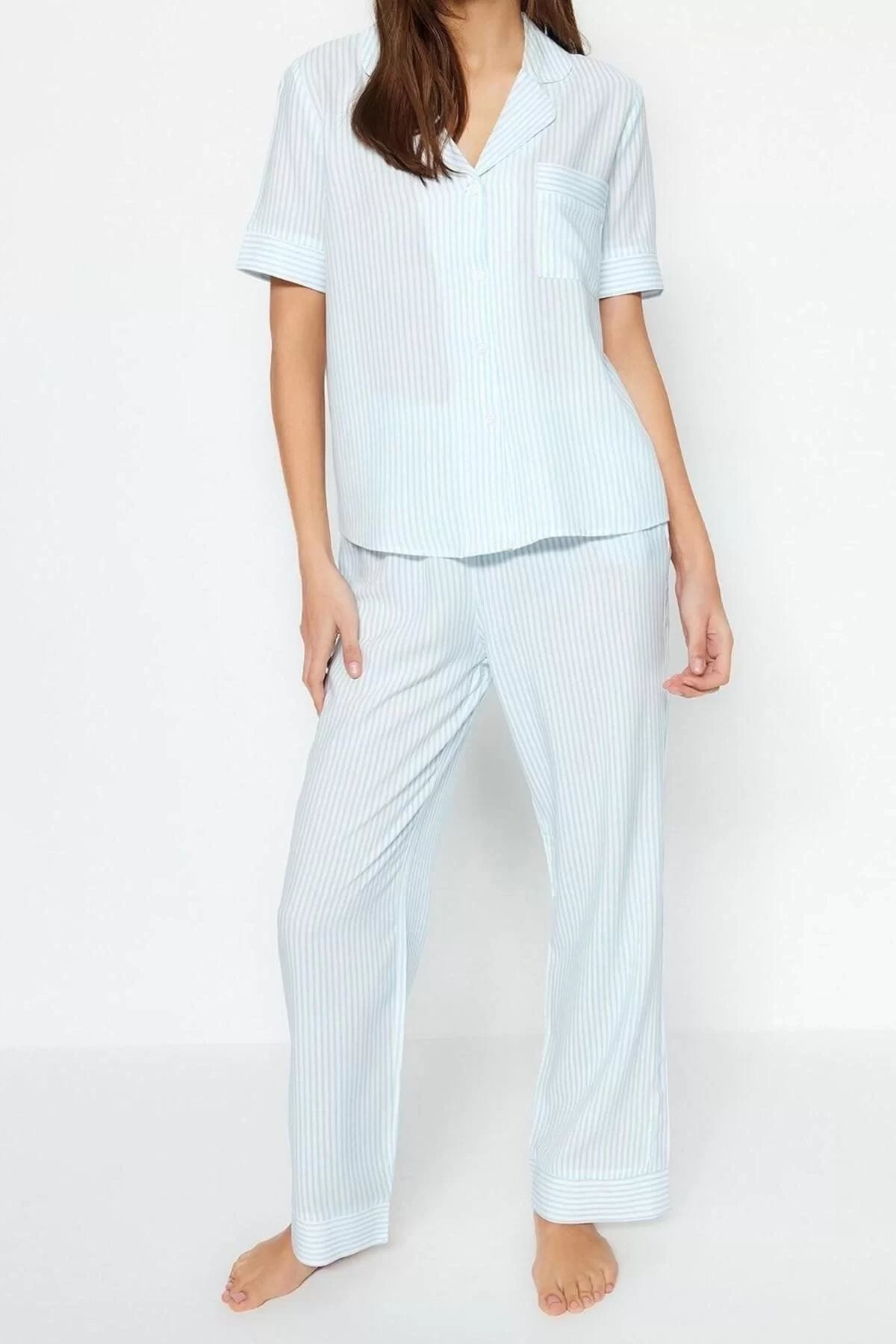 Women Fashion Stylish Shirt Collar Straight Leg Short Sleeve Striped Viscose Shirt-Pants Woven Pajama Set