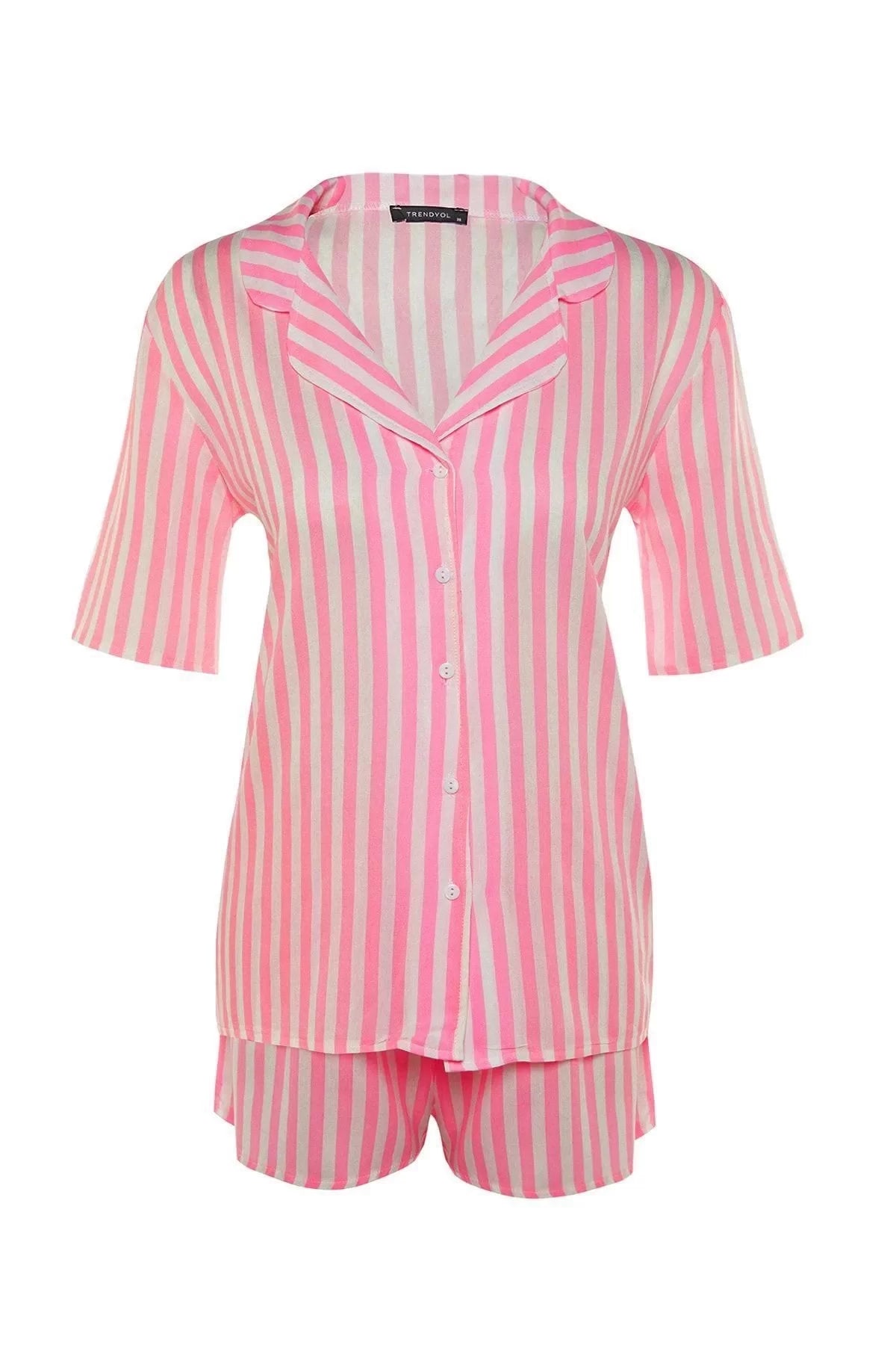 Women's Fashion Stylish Shirt Collar Tube Leg Short Sleeve Striped Viscose Top Wide Pattern Woven Pajama Set