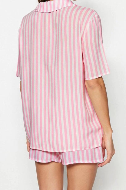 Women's Fashion Stylish Shirt Collar Tube Leg Short Sleeve Striped Viscose Top Wide Pattern Woven Pajama Set