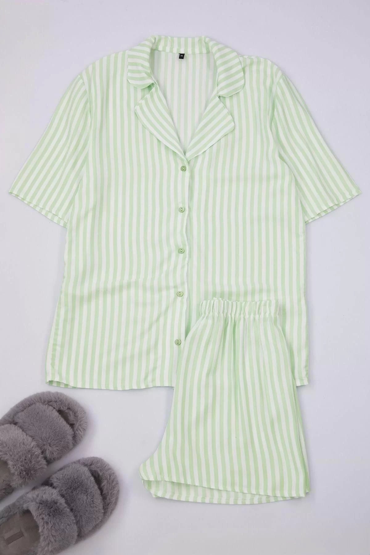 Women's Fashion Stylish Shirt Collar Tube Leg Short Sleeve Striped Viscose Top Wide Pattern Woven Pajama Set