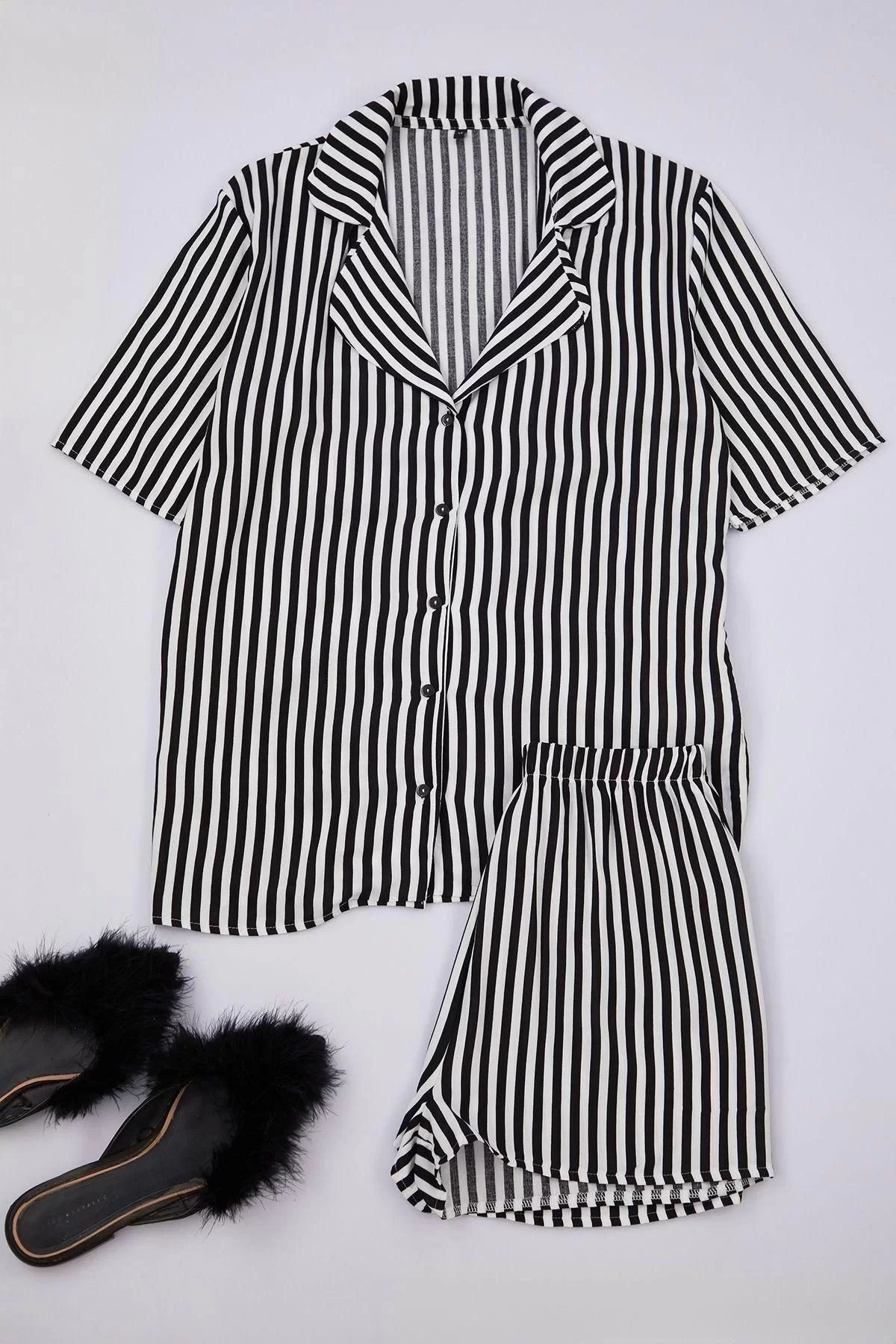 Women's Fashion Stylish Shirt Collar Tube Leg Short Sleeve Striped Viscose Top Wide Pattern Woven Pajama Set