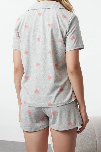 Women's Fashion Stylish Shirt Collar Tube Leg Short Sleeve 100% Cotton Heart Patterned Knitted Pajama Set