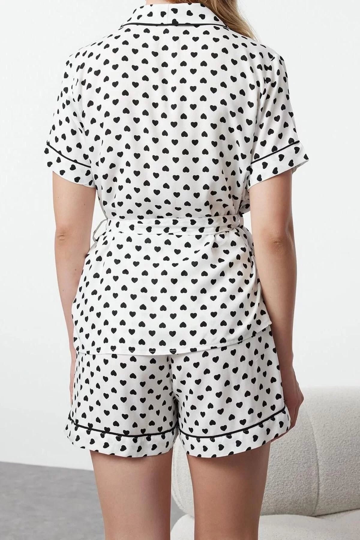 Women's Fashion Shirt Collar Tube Leg Short Sleeve Belted Heart Patterned Viscose Woven Pajama Set