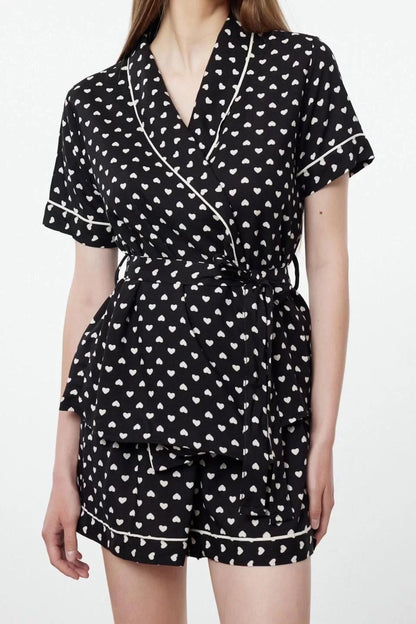 Women's Fashion Shirt Collar Tube Leg Short Sleeve Belted Heart Patterned Viscose Woven Pajama Set