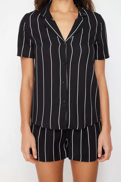 Women's Fashion Stylish Shirt Collar Wide Leg Short Sleeve Striped Viscose Woven Pajama Set