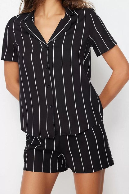 Women's Fashion Stylish Shirt Collar Wide Leg Short Sleeve Striped Viscose Woven Pajama Set