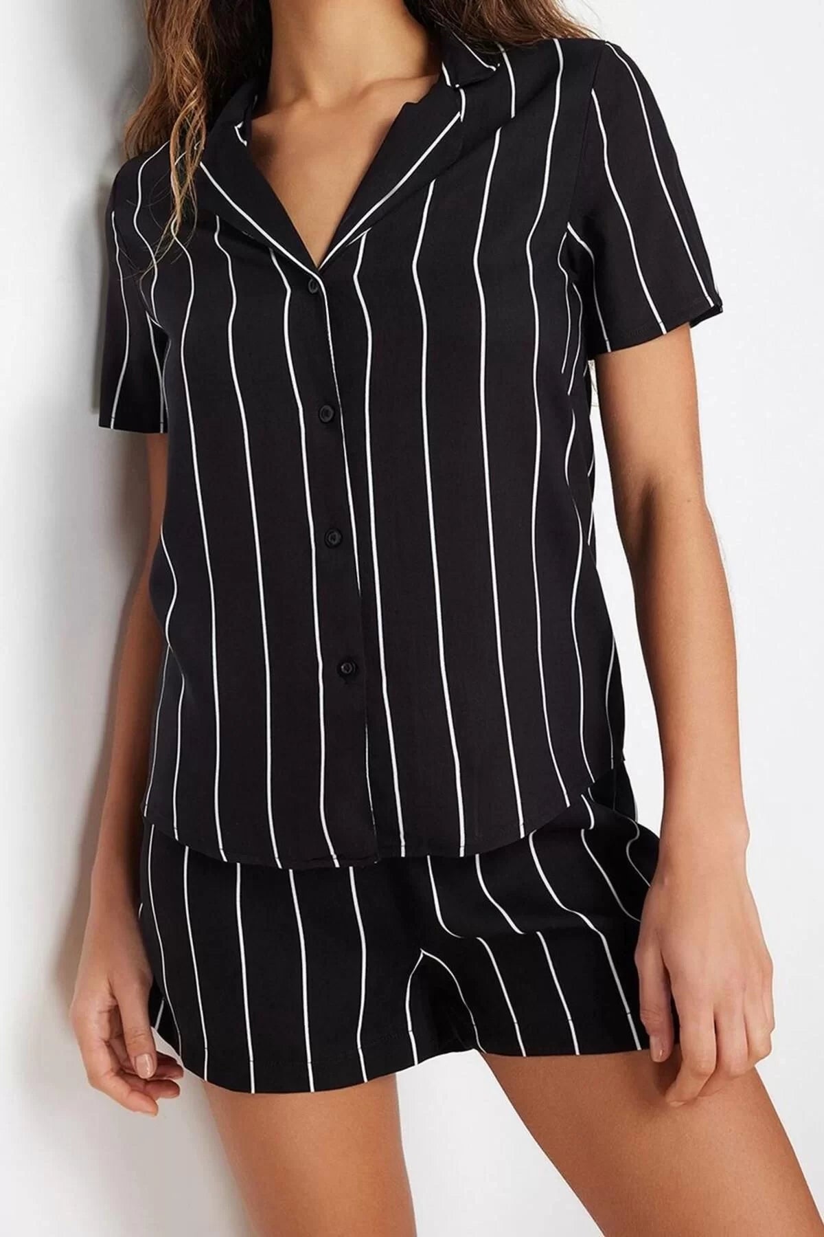 Women's Fashion Stylish Shirt Collar Wide Leg Short Sleeve Striped Viscose Woven Pajama Set